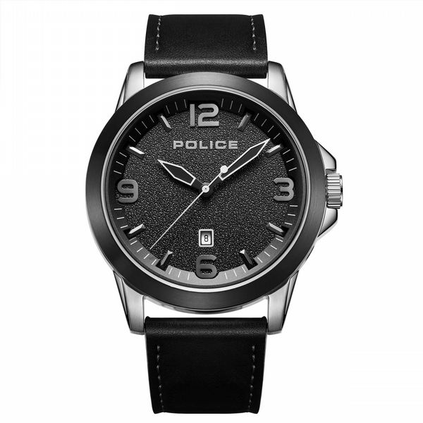 Police Cliff Stainless Steel Black Leather Strap Watch