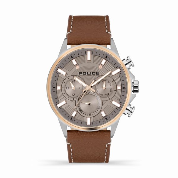 Police Kismet SS Multi Dial Brown Leather Strap Watch
